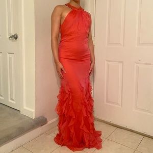 Pamella Roland Silk Backless Gown Salmon Color w/ Bottom ruffle waves Silk Neck